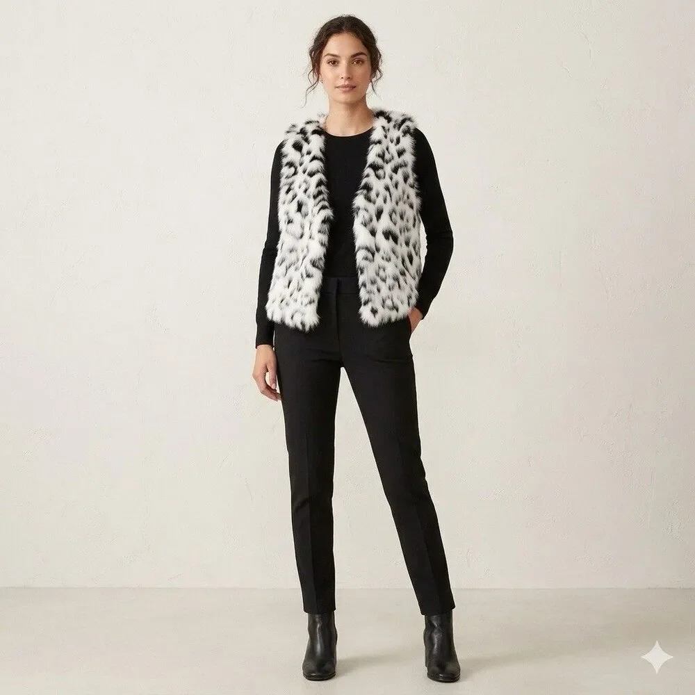 Michael Kors Faux Fur Vest Medium Black White Leopard Cropped Lined Mob Wife